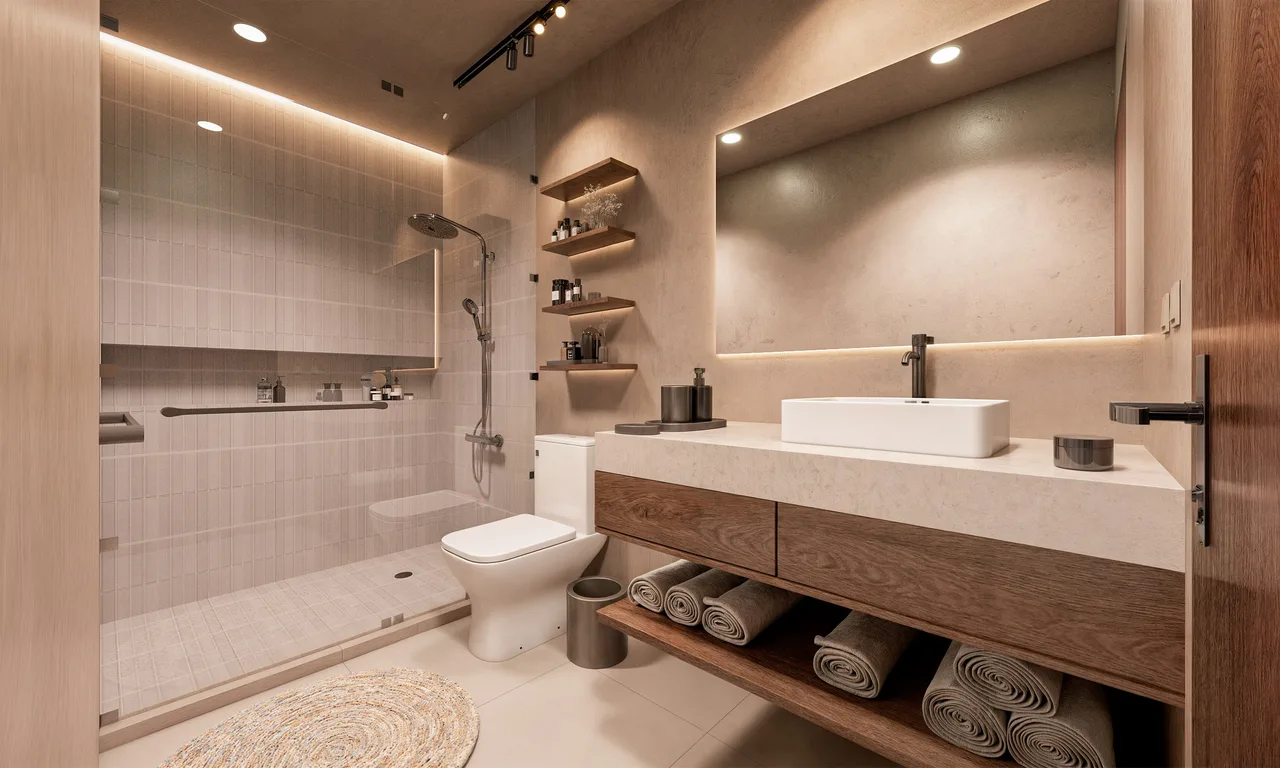 Bathroom with stone-inspired finishes