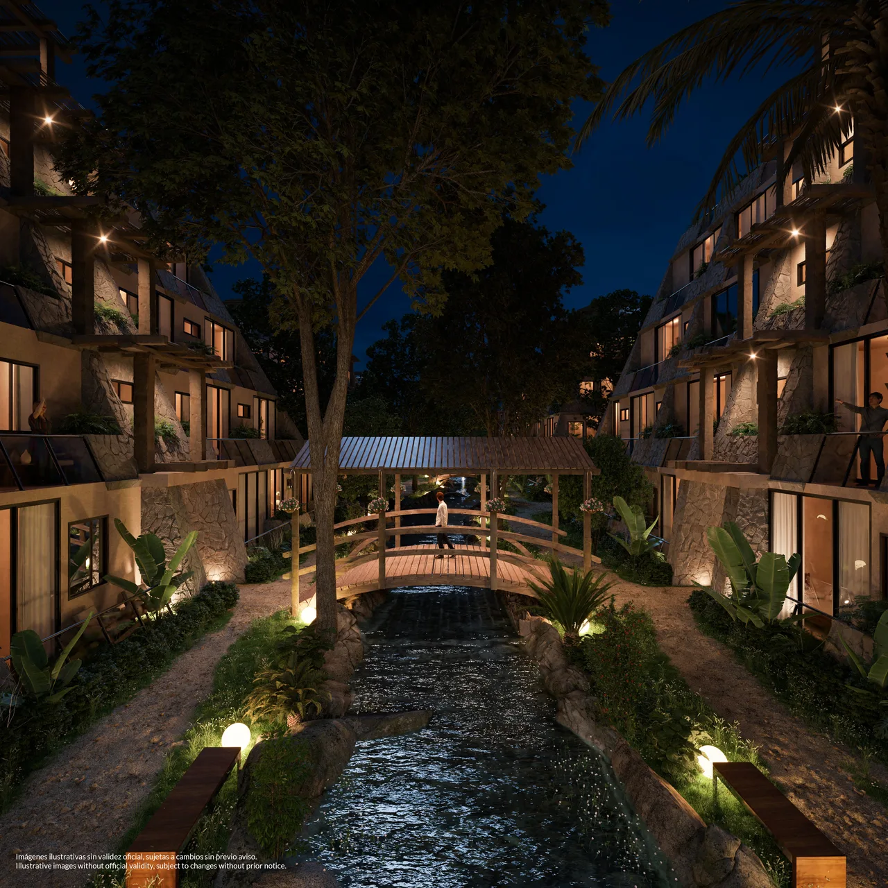 Evening view of the central water corridor