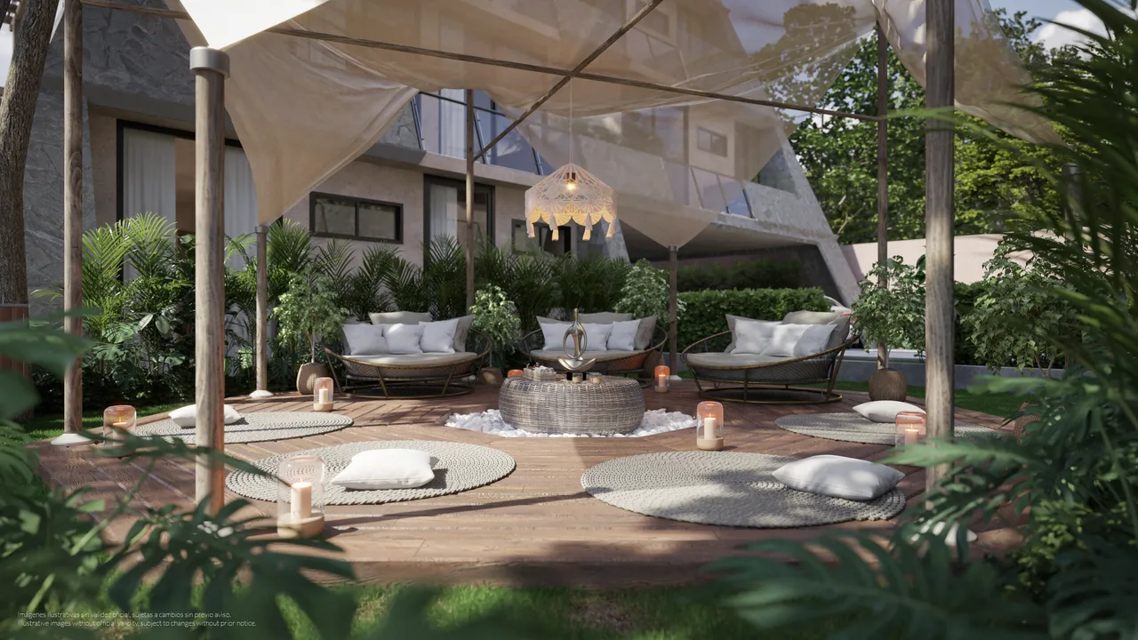 Outdoor yoga garden surrounded by tropical vegetation